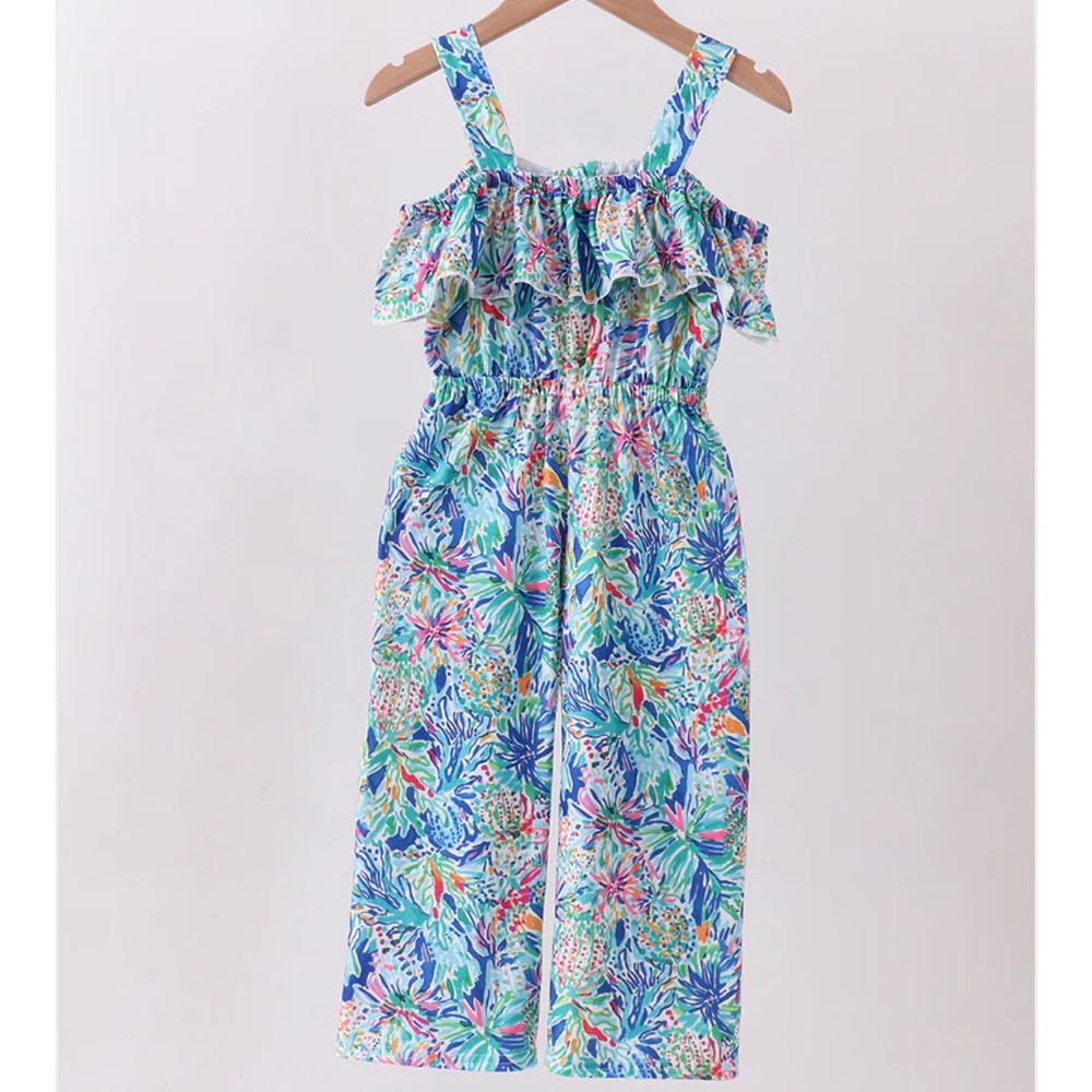 Girls Blue Tropical Print Wide-Leg Pineapple Jumpsuit